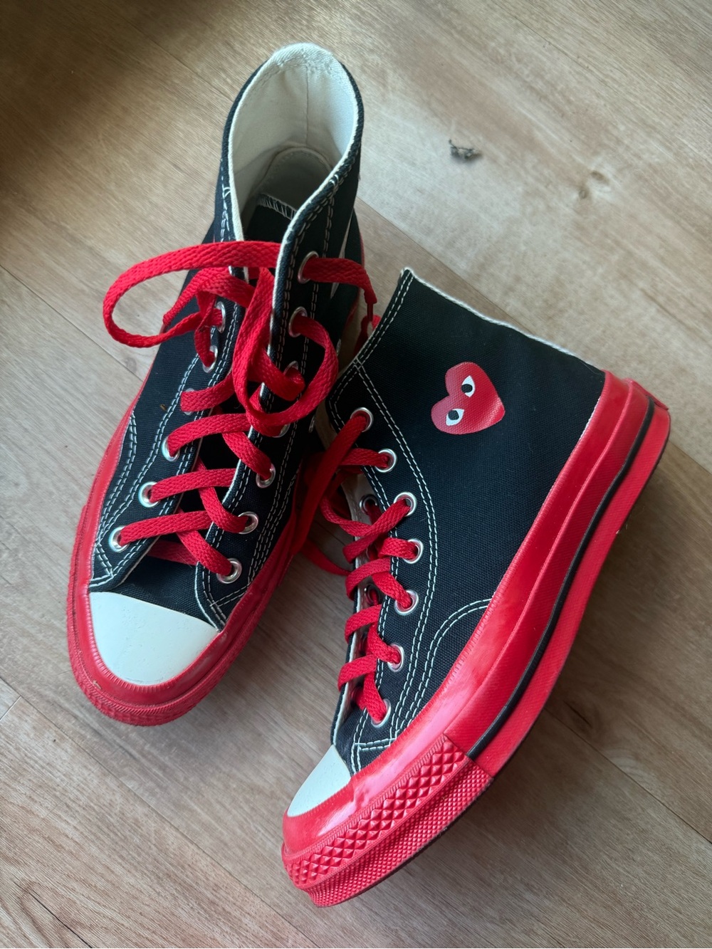 Converse Commes des Garcons High-Top Sneakers in Black and Red with Heart Detail